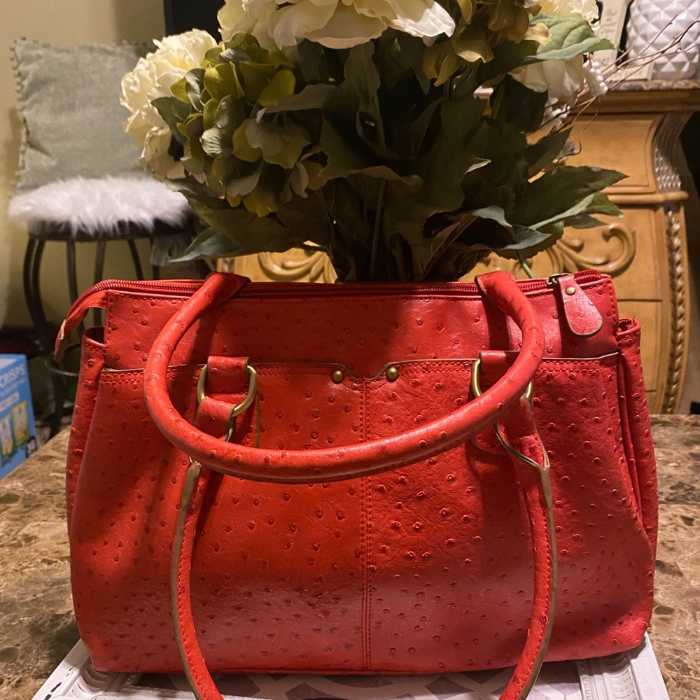Bueno Red Ostrich Embossed Satchel Shoulder Bag